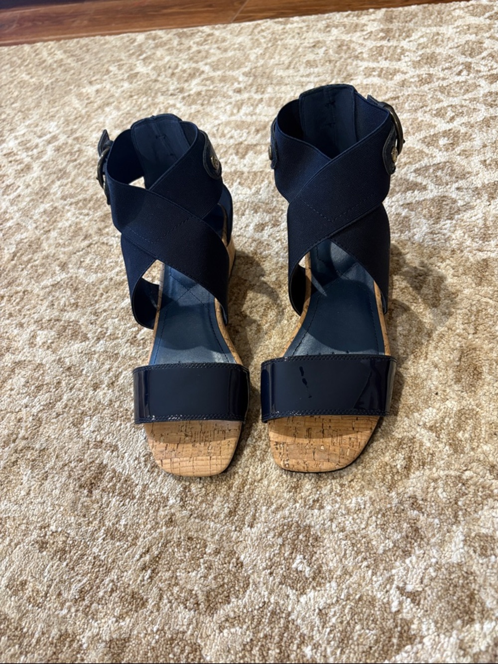 NYDJ Navy Cork Wedge Sandals with Crisscross Elastic Straps